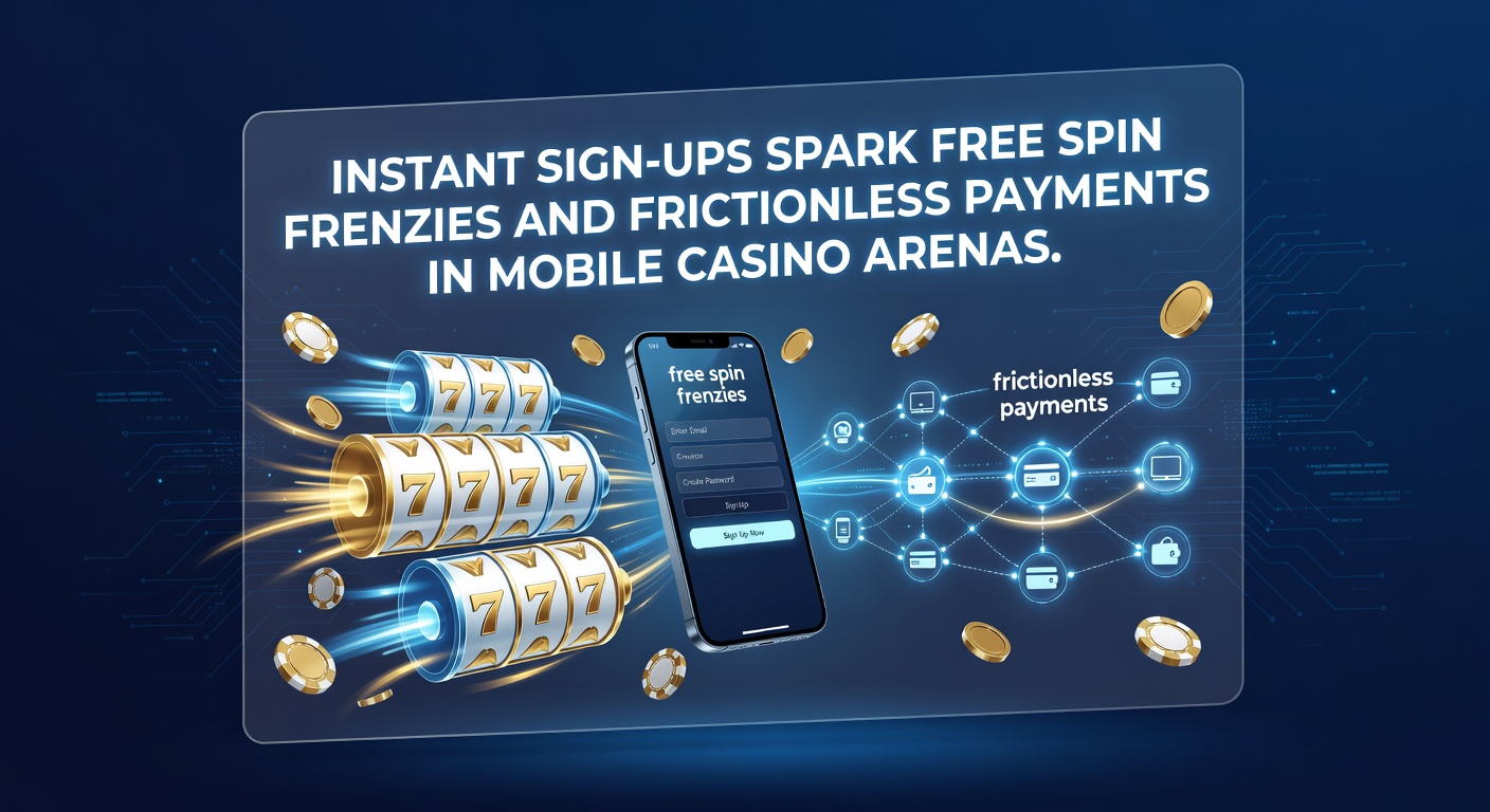 Smartphone mit Casino-App, das eine blitzschnelle Registrierung und drehende Free Spins zeigt, umgeben von Zahlungssymbolen wie Apple Pay und Google Pay