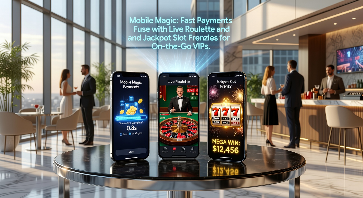 VIP-Spieler am Smartphone, umgeben von rotierenden Roulette-Rädern, explodierenden Jackpots und Zahlungsblitzen, die Mobilität und Gewinnchancen illustrieren