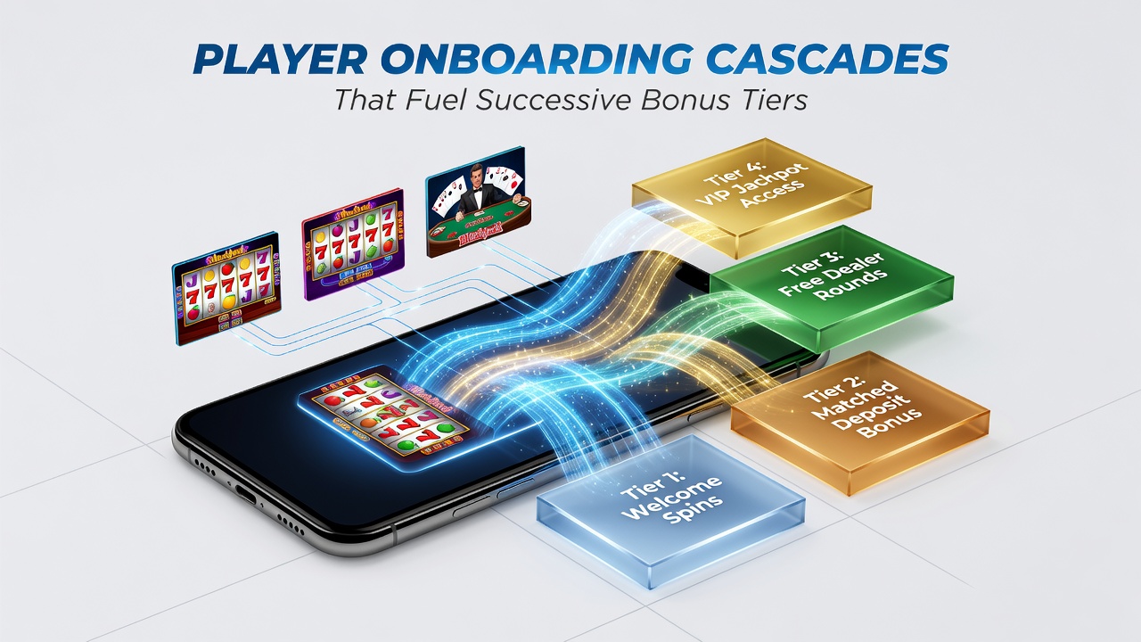 Illustration von Onboarding-Kaskaden in mobilen Casino-Spielen mit Walzen und Live-Dealer-Sessions